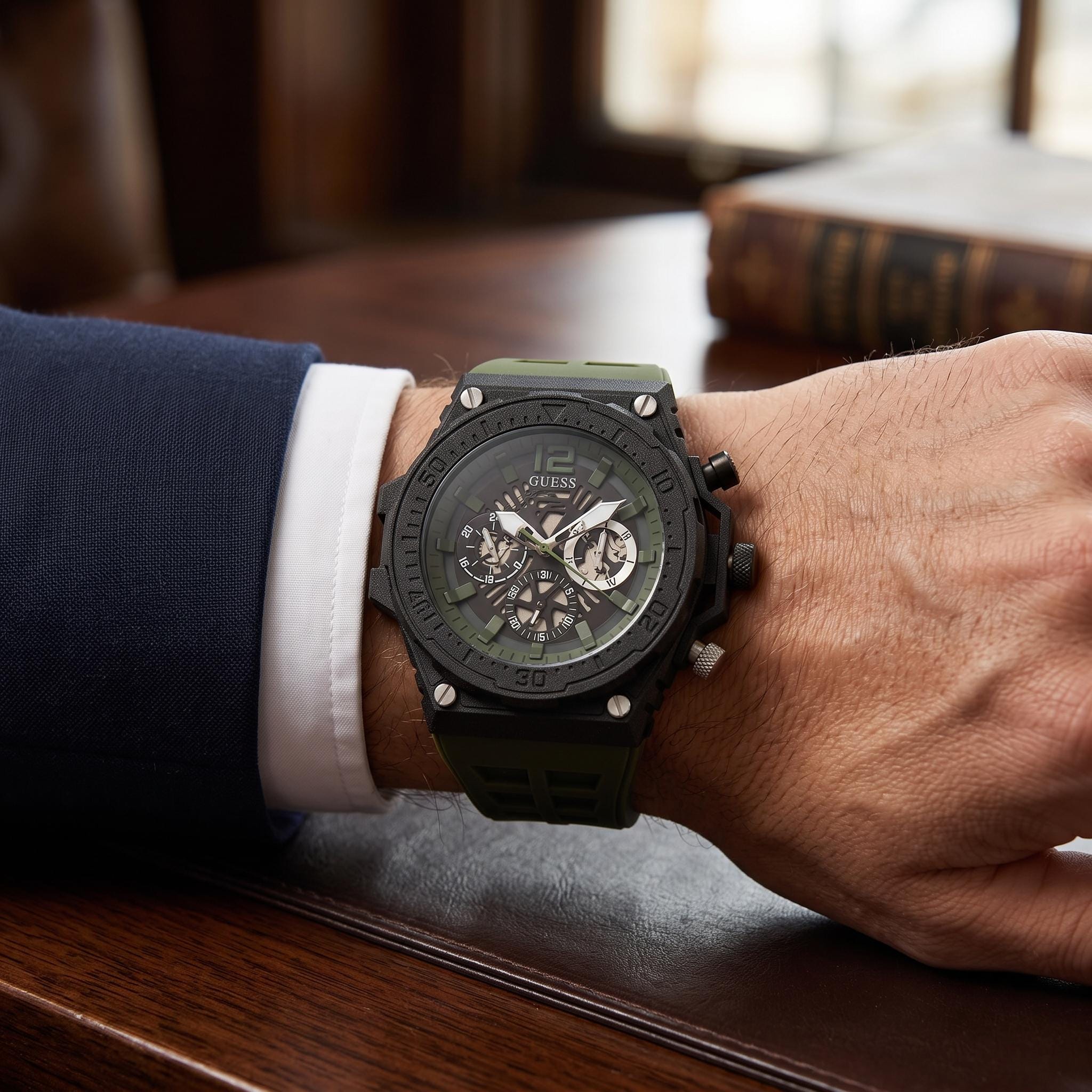 Guess Chronograph Watch, Black Olive Silicone, Mens Gift, Skeleton Dial