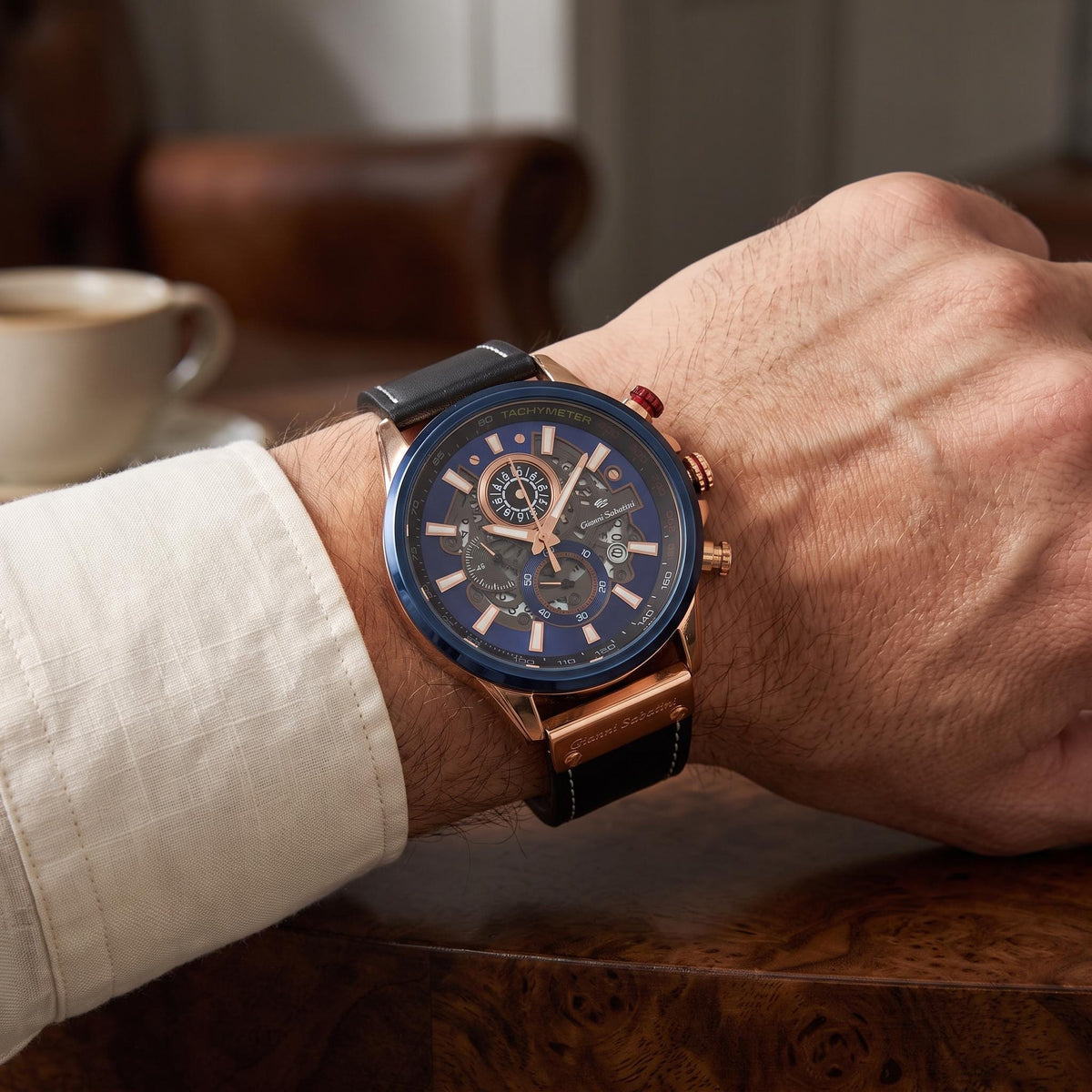 Gianni Sabatini Chronograph Watch, Rose Gold Blue Skeleton Dial Leather Mens Gift