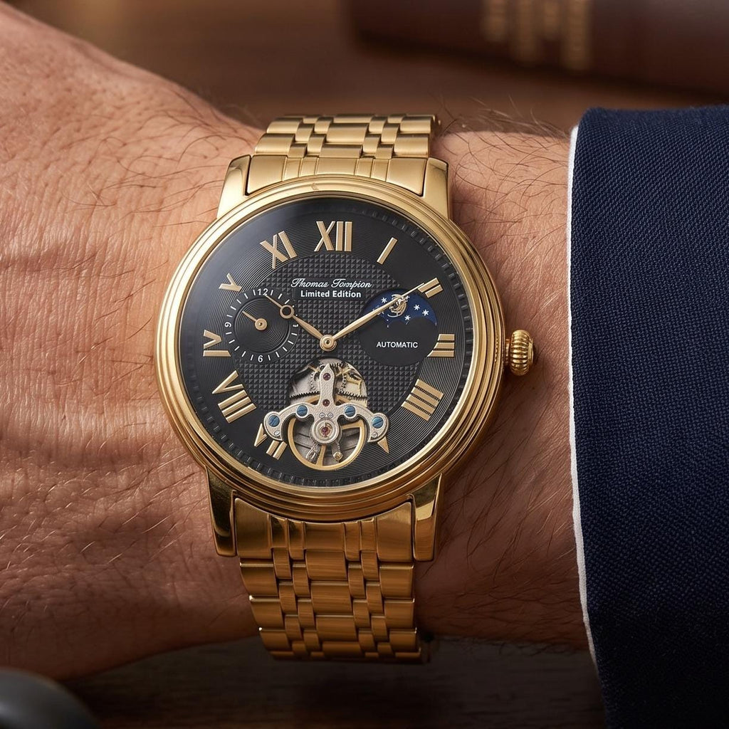 Thomas Tompion Gold Tone Automatic Watch Limited Edittion, Mens Skeleton Gift, Roman Numerals