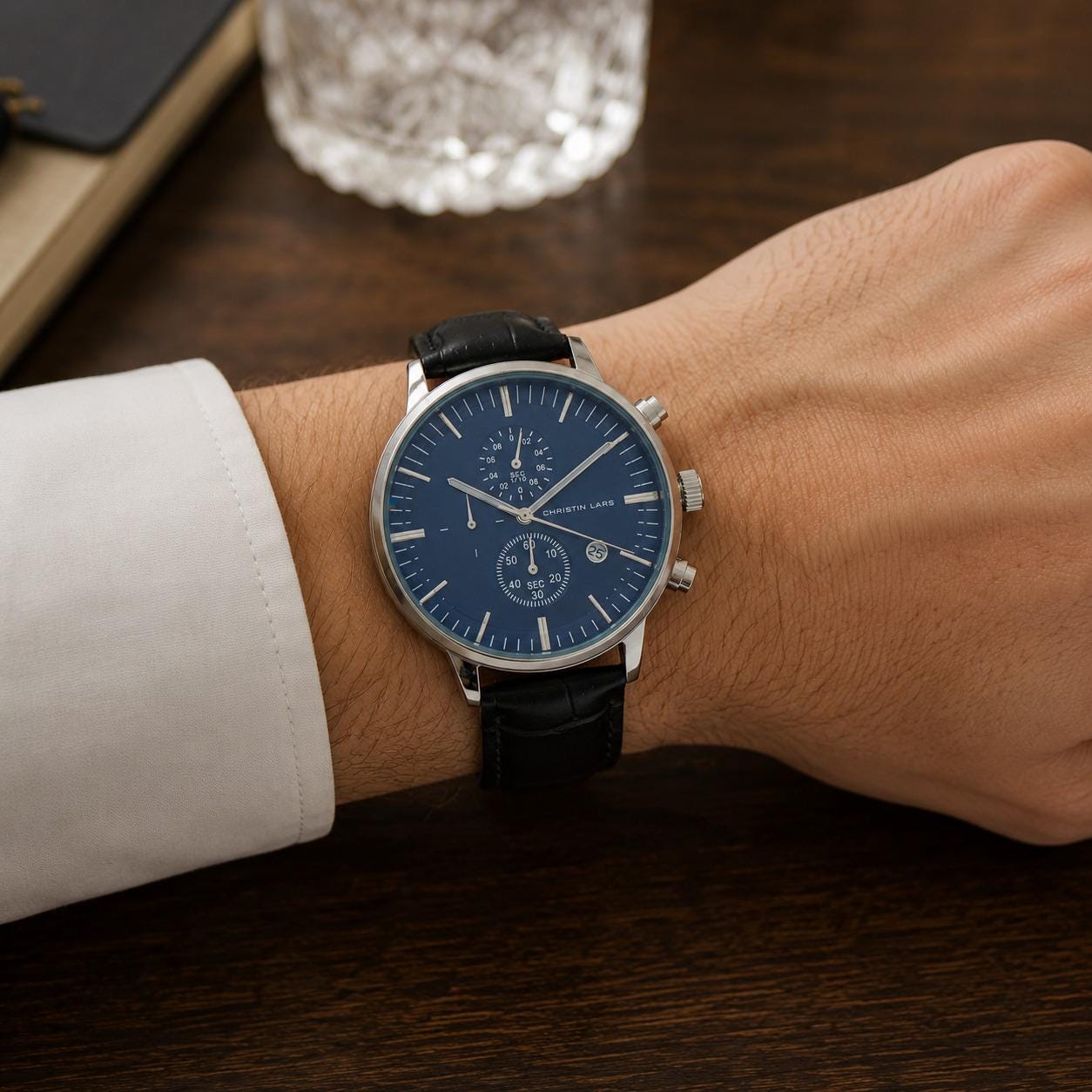 Christin Lars Navy Dial Chronograph Watch, Black Leather Strap, Mens Gift