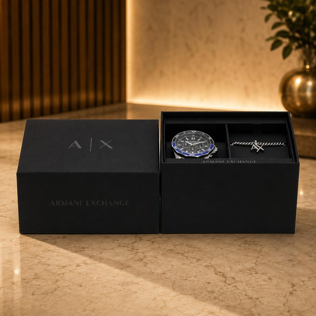 Armani Exchange Chronograph Watch & Necklace Set, Silver Steel, Mens Gift