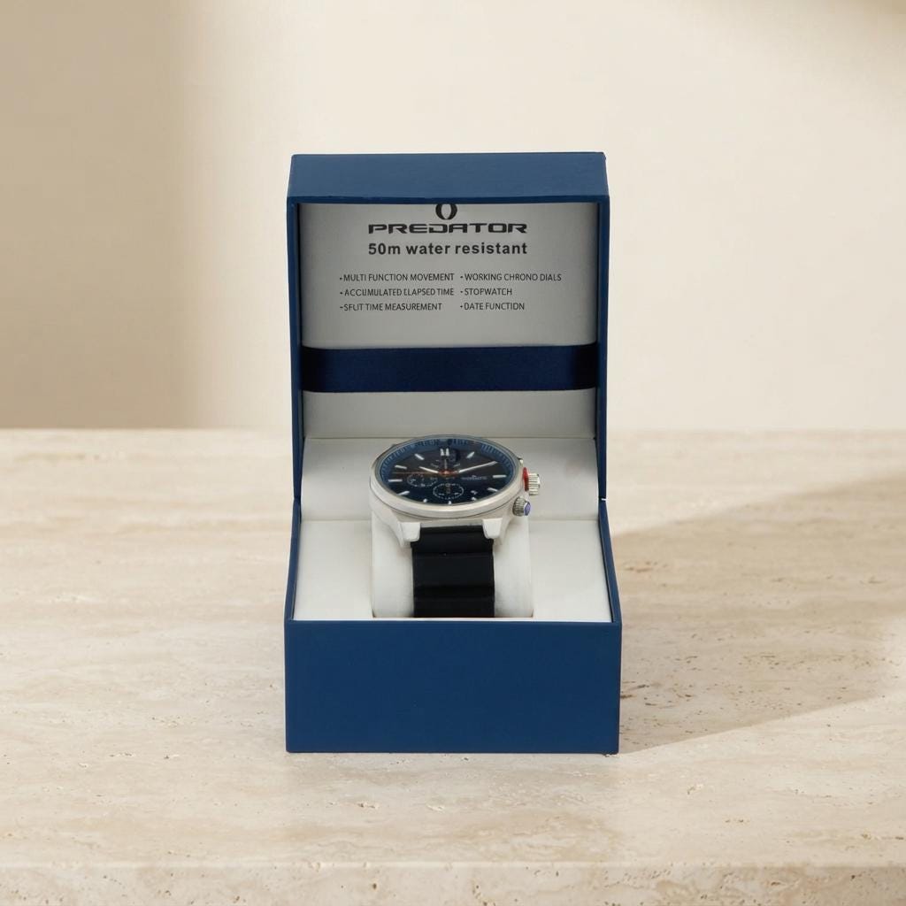 Predator Chronograph Watch, Blue & Silver Men's Gift, Silicone Strap