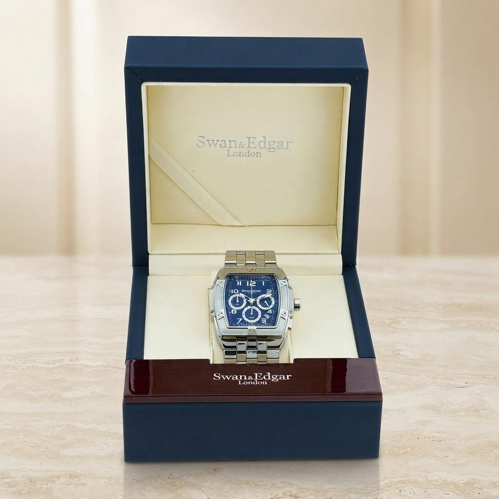 Swan & Edgar Blue Watch, Silver Tone Steel Mens Chronograph Gift