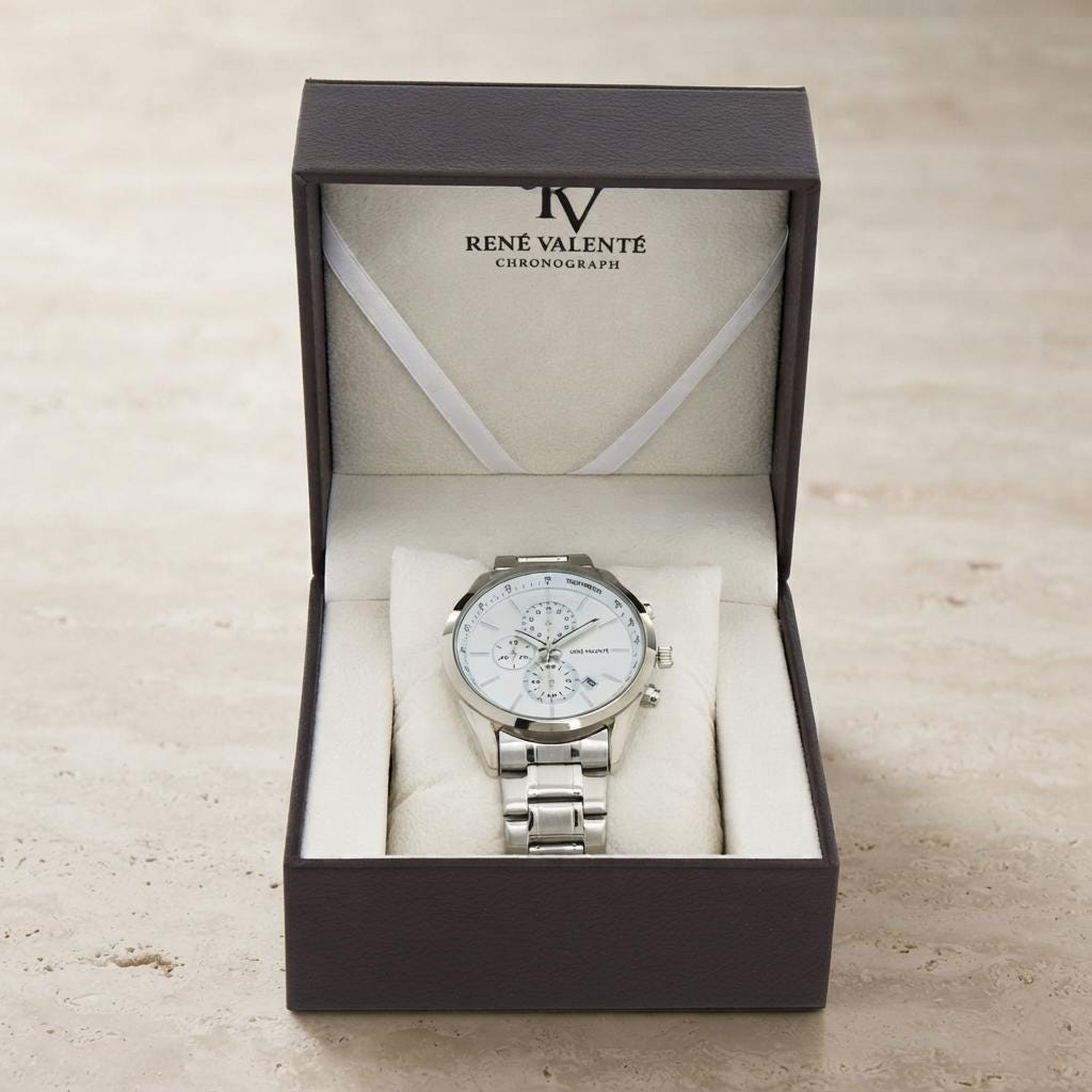 René Valenté Silver Chronograph Watch, Men's Steel Gift, White Dial Watch