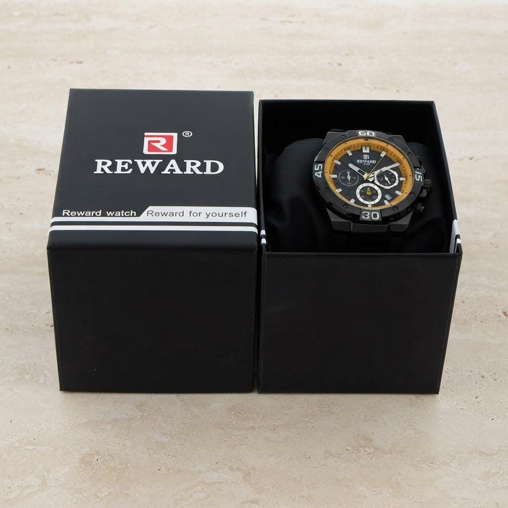 Reward Black Yellow Chronograph Watch, Mens Sport Gift, Silicone Band