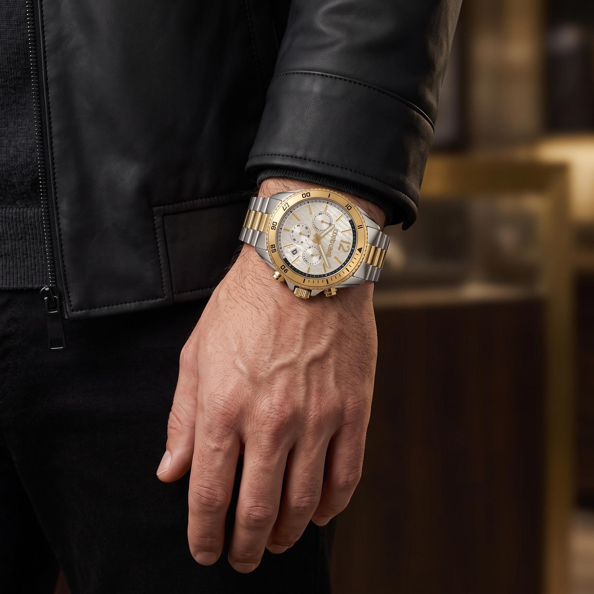 Roberto Cavalli Chronograph Watch, Two Tone Gold Silver Mens Gift