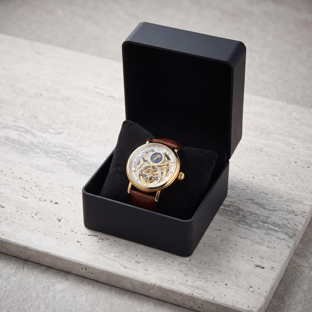 Thomas Tompion Skeleton Watch, Gold Tone Mens Gift, Brown Leather Strap