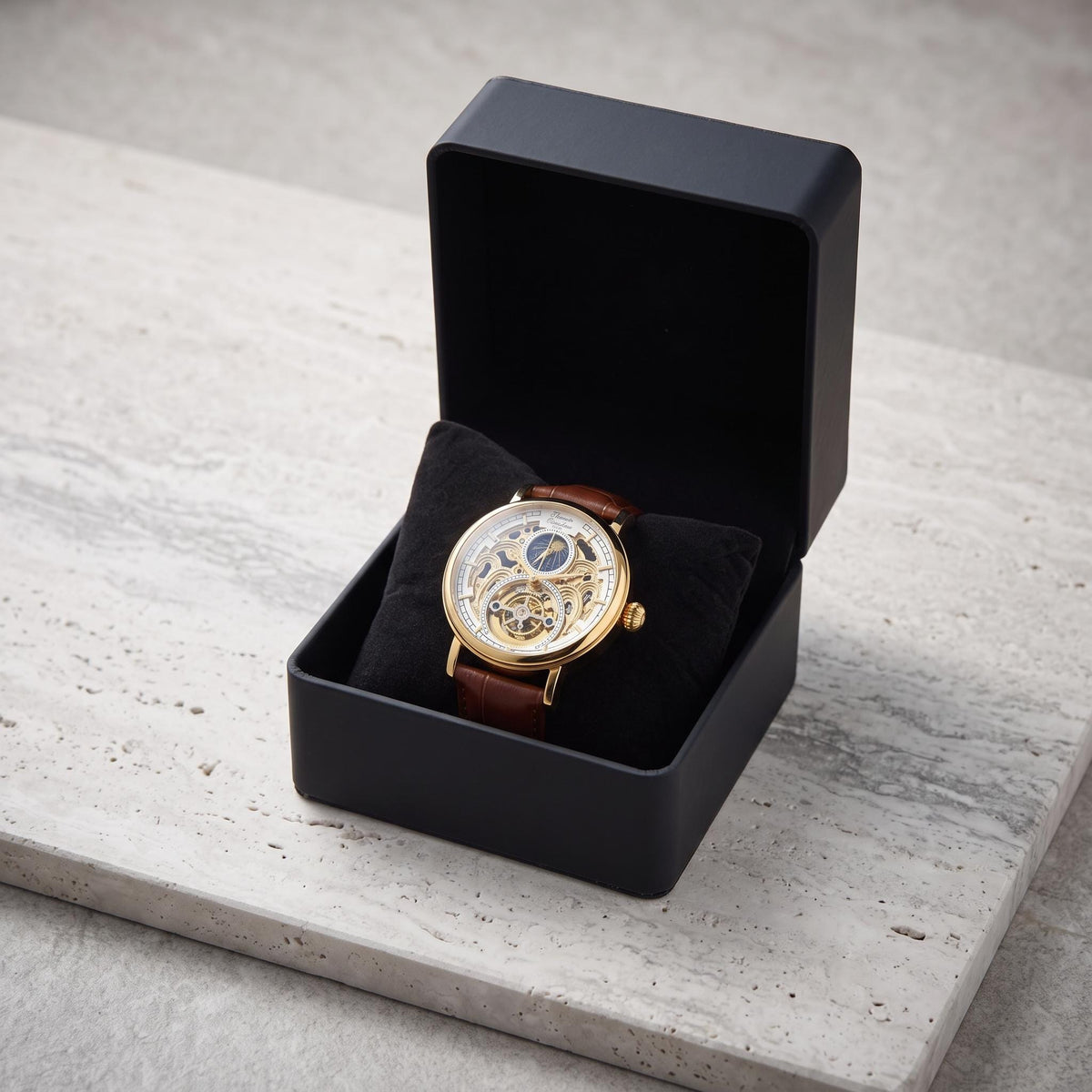 Thomas Tompion Skeleton Watch, Gold Tone Mens Gift, Brown Leather Strap