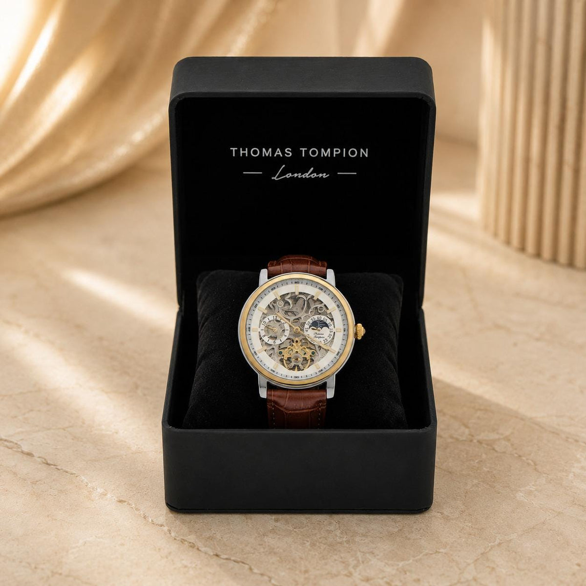 Thomas Tompion Brown Leather Automatic Watch, Skeleton Dial, Mens Gift