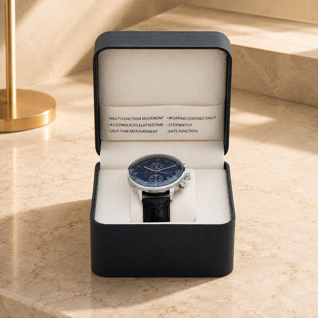 Christin Lars Navy Dial Chronograph Watch, Black Leather Strap, Mens Gift