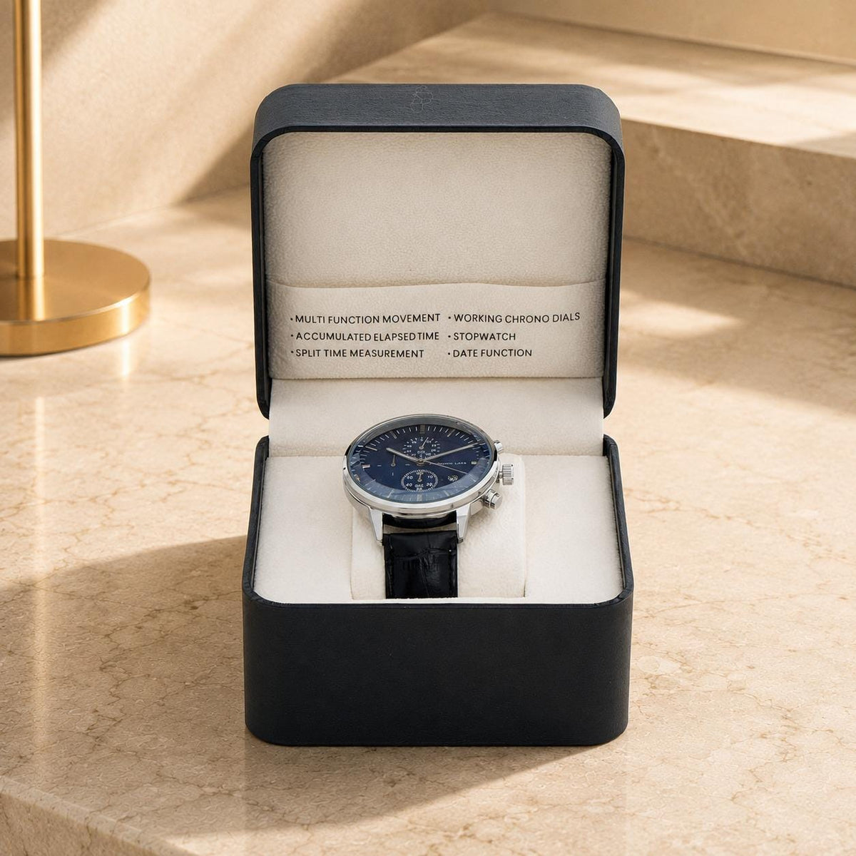 Christin Lars Navy Dial Chronograph Watch, Black Leather Strap, Mens Gift