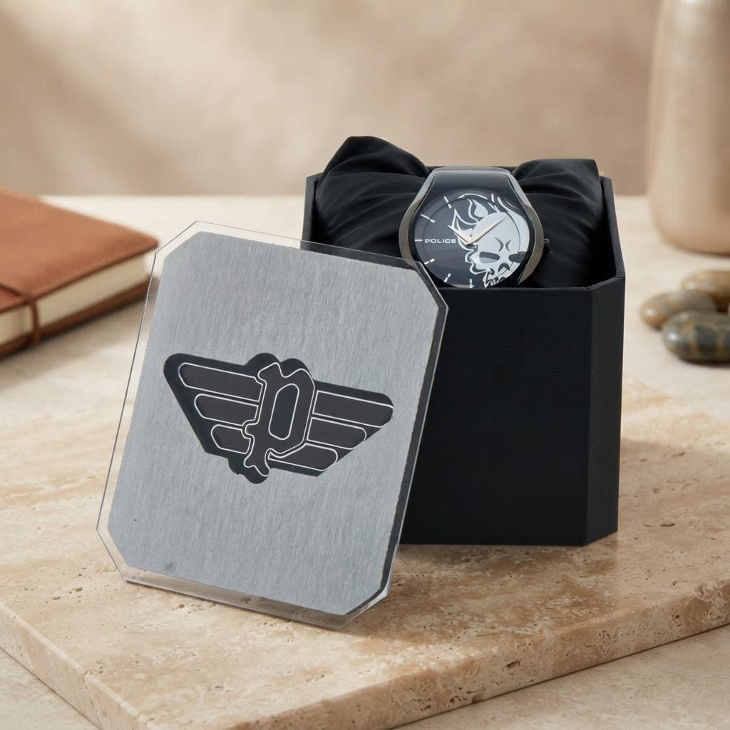 Police Black Leather Watch, Mens Designer Gift, Skull Dial