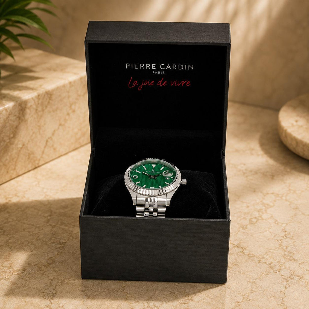 Pierre Cardin Silver Watch, Green Textured Dial, Mens Gift, Stainless Steel