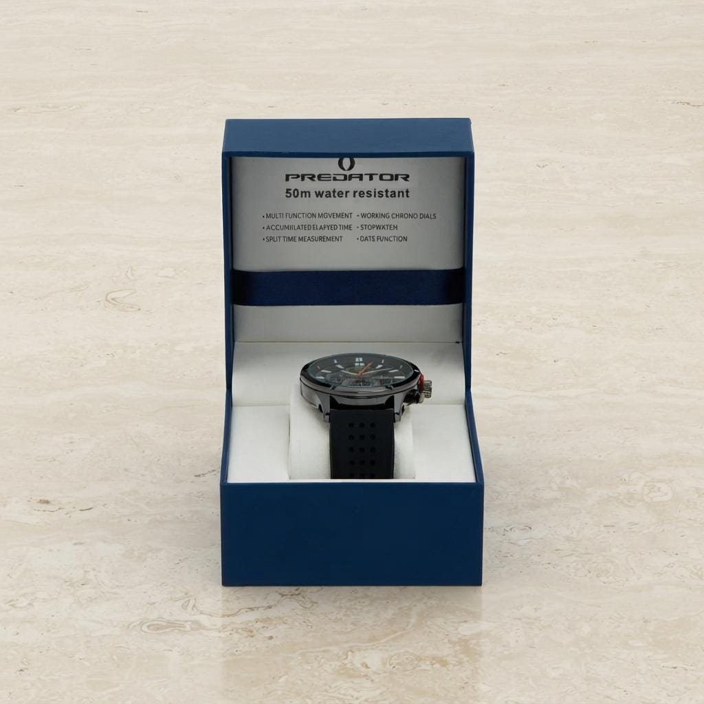 Predator Black Sports Chronograph Watch, Men's Gift, Silicone Strap