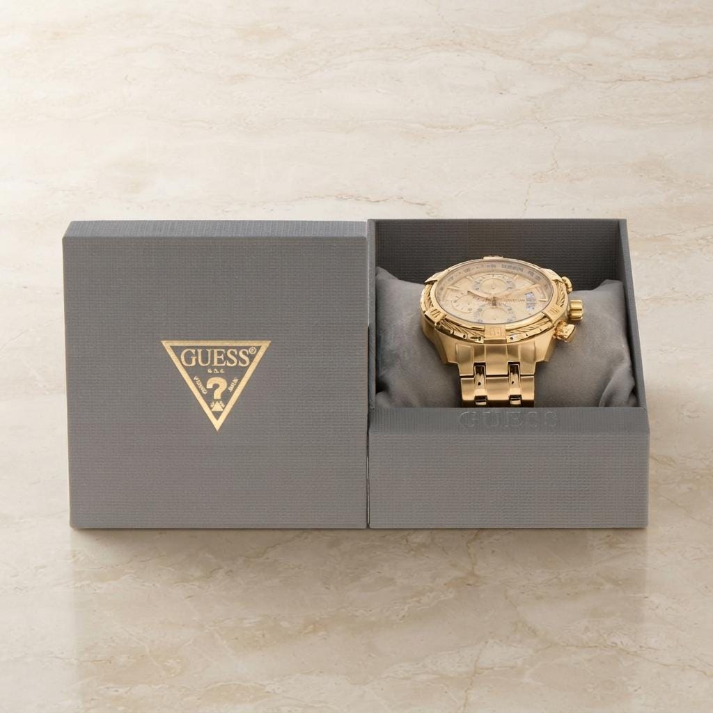 Guess Gold Chronograph Watch, Mens Statement Gift, Stainless Steel Link Bracelet