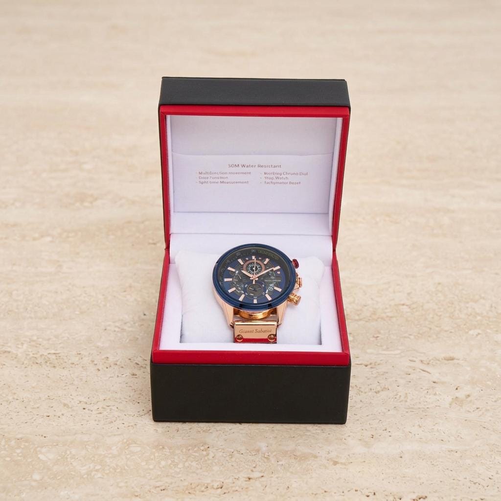 Gianni Sabatini Chronograph Watch, Rose Gold Blue Skeleton Dial Leather Mens Gift