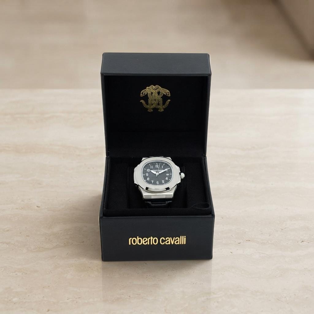 Roberto Cavalli Black Leather Watch, Mens Silver Tone Gift, Round Analog Dial