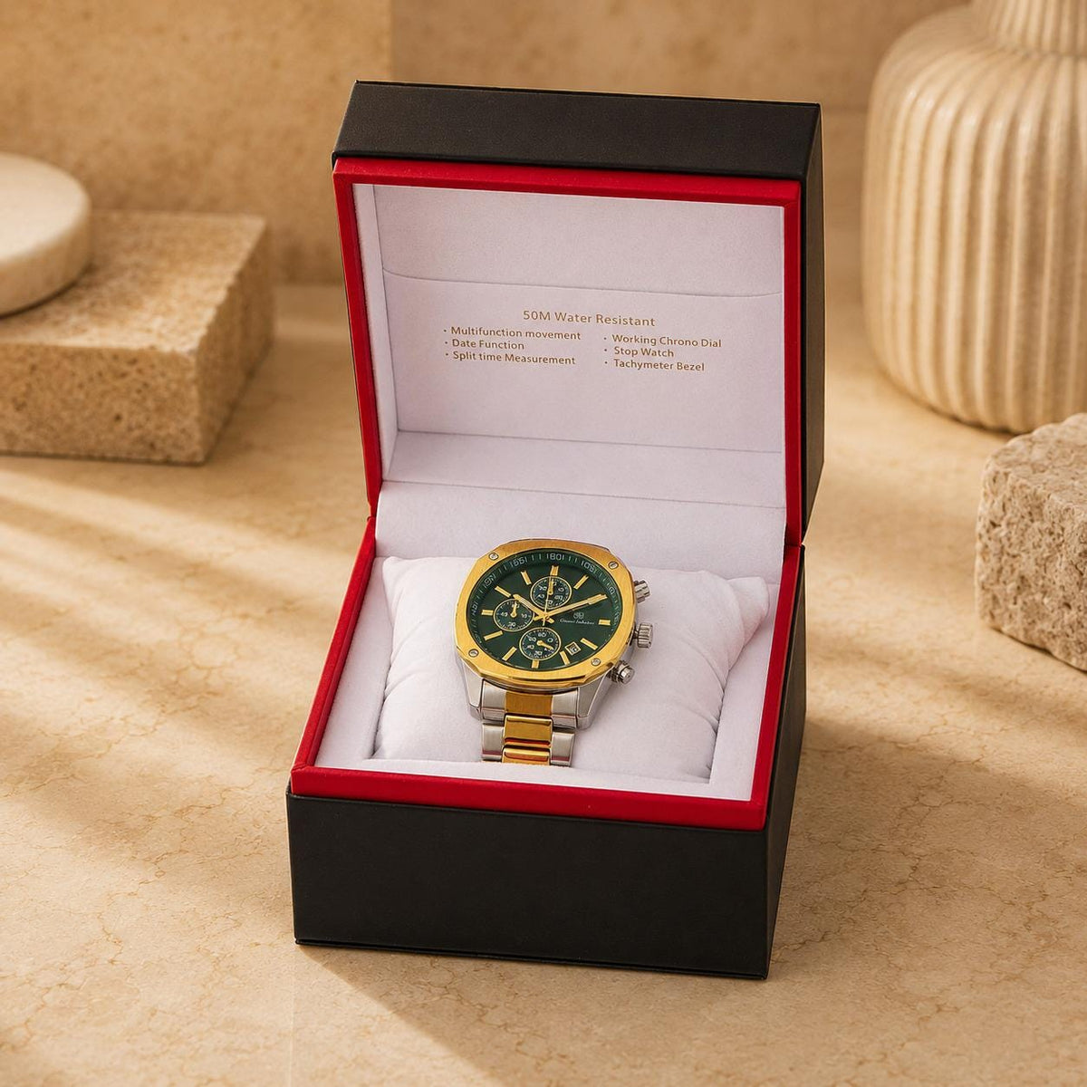 Gianni Sabatini Green Chronograph Watch, Two Tone Stainless Steel, Mens Gift