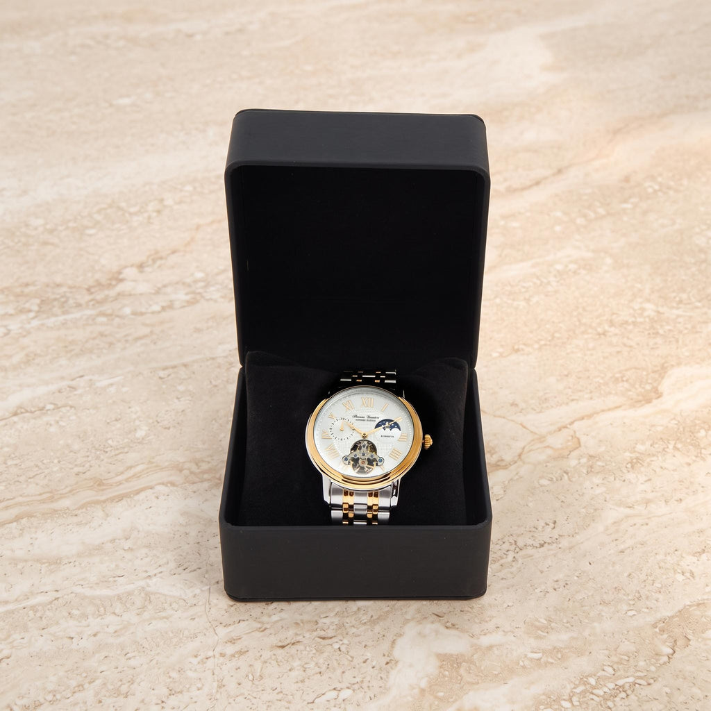Thomas Tompion Two Tone Automatic Watch, Mens Gold Silver Skeleton Gift