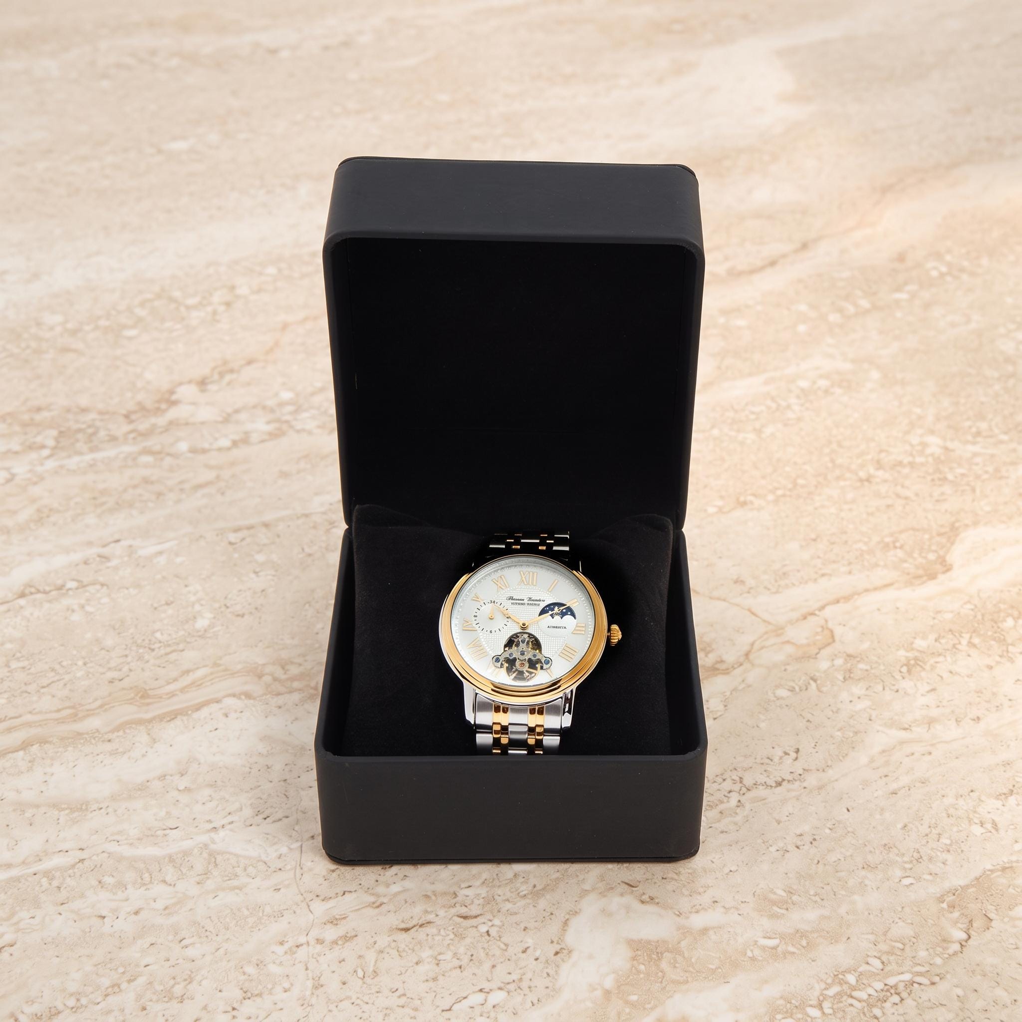 Thomas Tompion Two Tone Automatic Watch, Mens Gold Silver Skeleton Gift