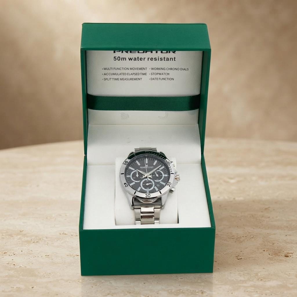Predator Silver & Gunmetal Chronograph Watch, Mens Sport Watch, Gift for Him