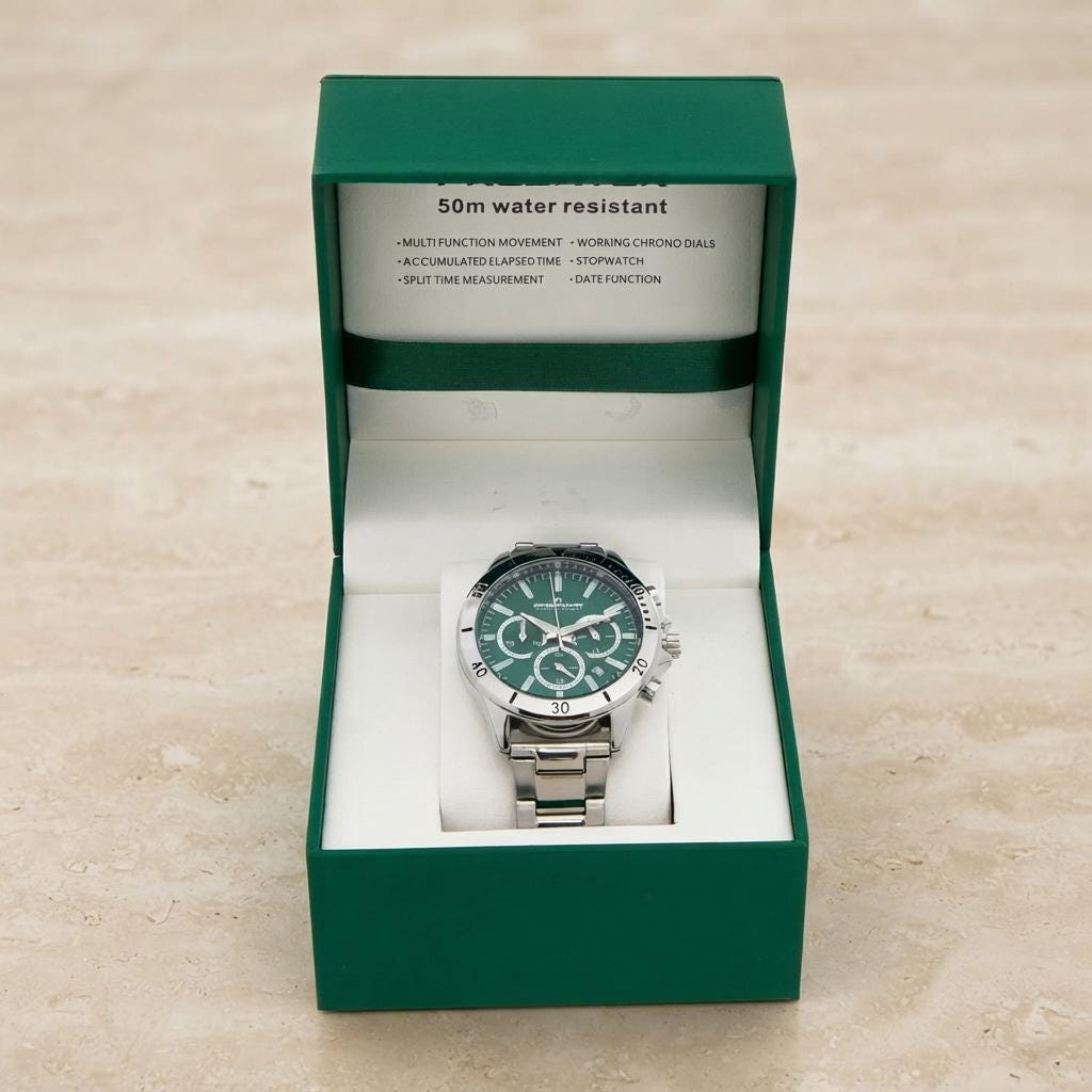 Predator Green Dial Chronograph Watch, Silver Stainless Steel Mens Gift