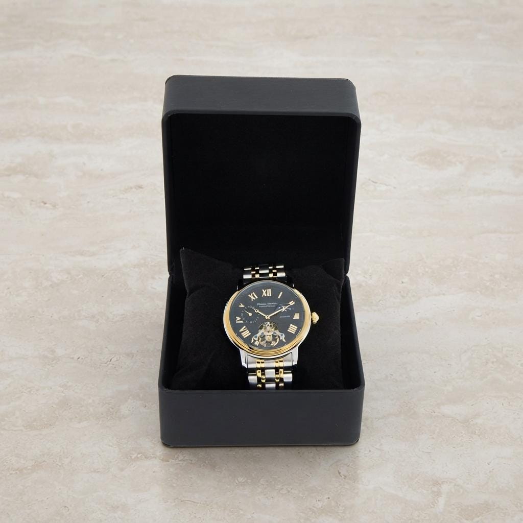 Thomas Tompion Two Tone Watch, Mens Skeleton Moonphase Gift, Stainless Steel