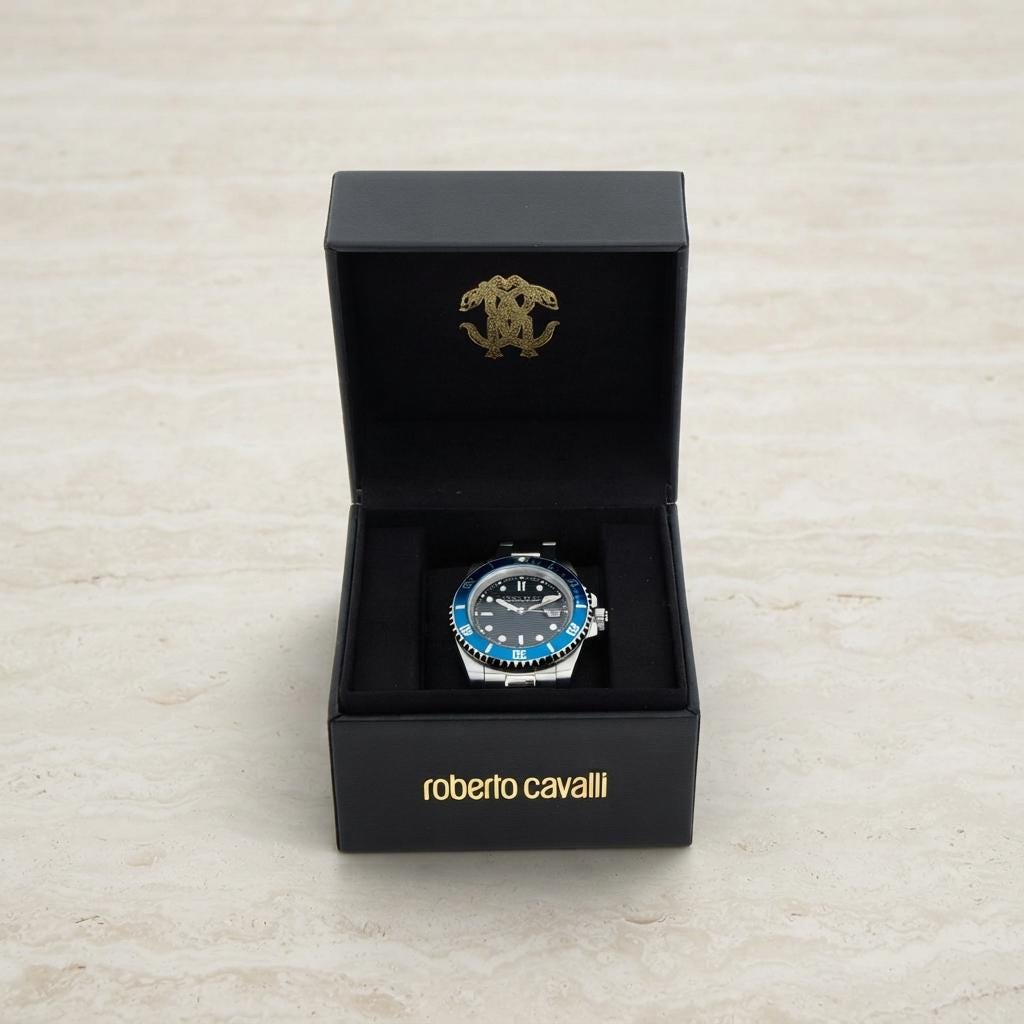 Roberto Cavalli Silver & Blue Watch, Mens Gift, Stainless Steel Diver Watch