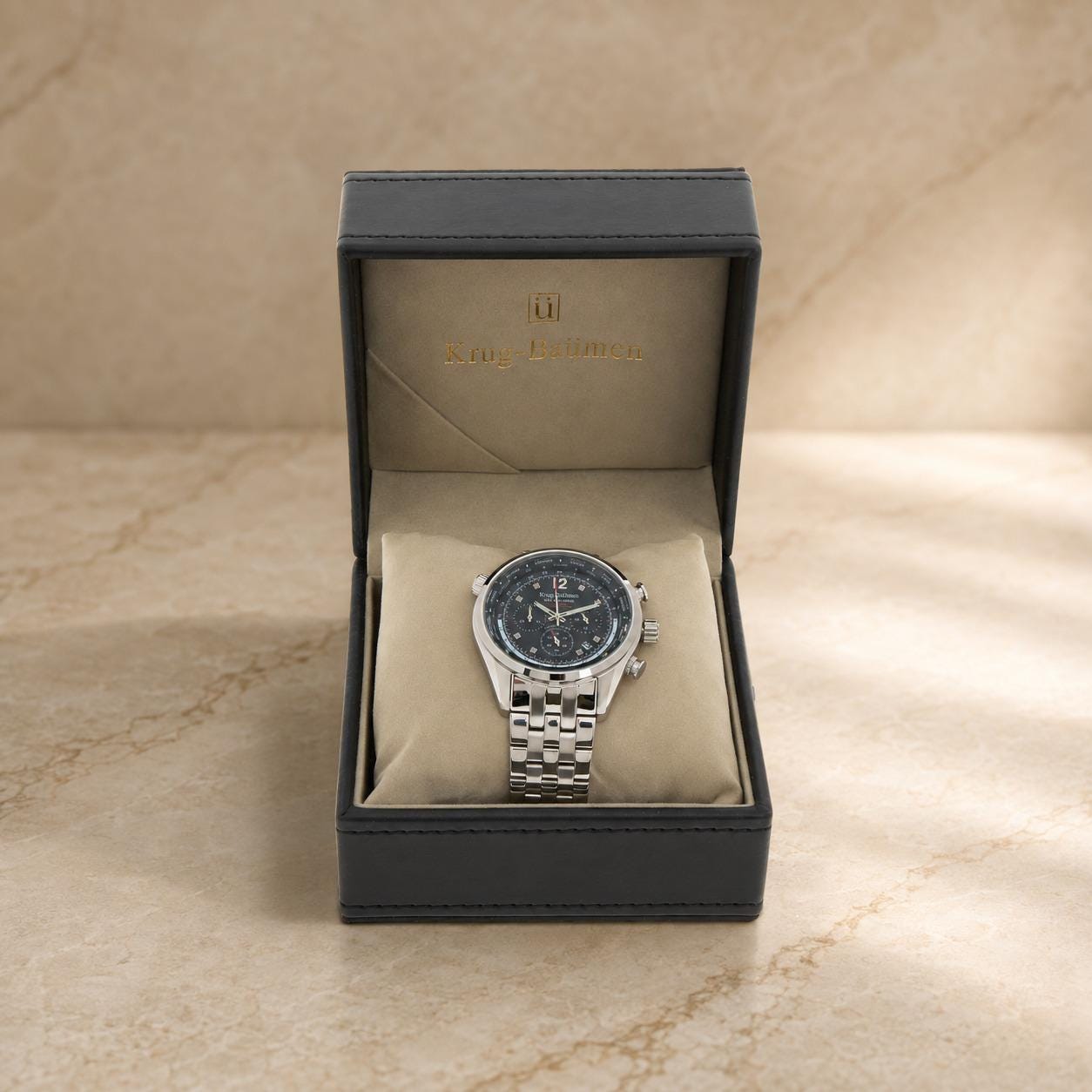 Krug-Baumen Air Explorer Watch, Silver Stainless Steel Chronograph, Mens Gift