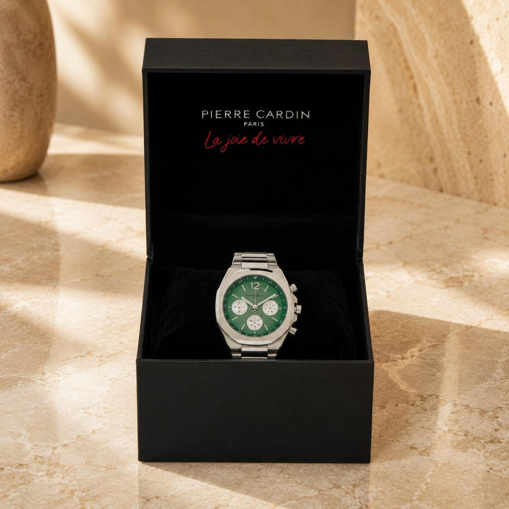Pierre Cardin Green Dial Chronograph Watch, Stainless Steel Mens Gift