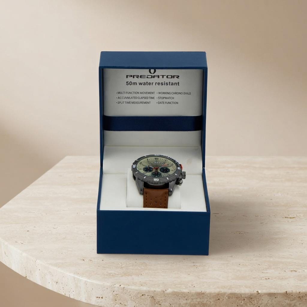 Predator Brown Leather Chronograph Watch, Mens Sport Gift