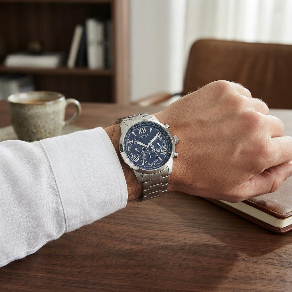 Guess Blue & Silver Chronograph Watch, Stainless Steel Mens Gift, Roman Numerals