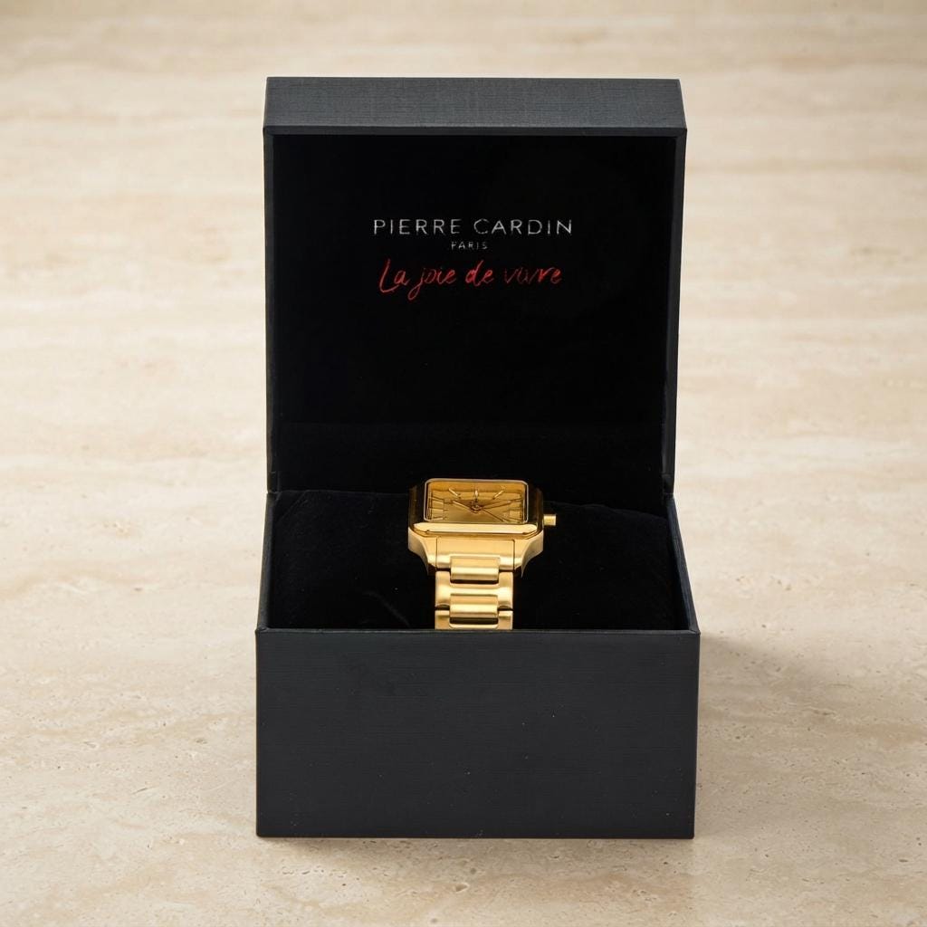Pierre Cardin Gold Tone Square Watch, Stainless Steel Link Bracelet, Mens Gift