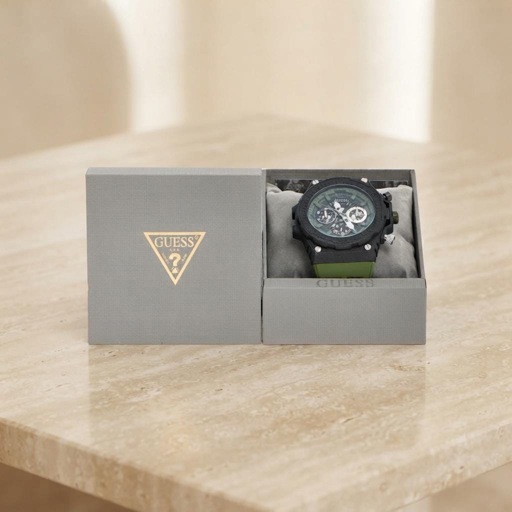Guess Chronograph Watch, Black Olive Silicone, Mens Gift, Skeleton Dial