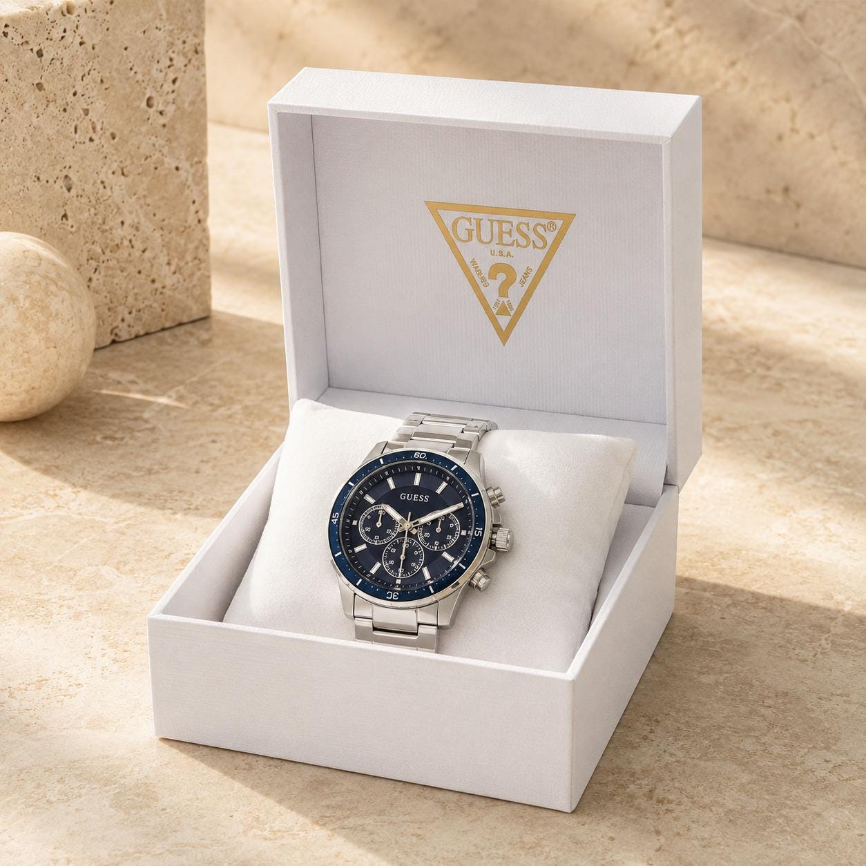 Guess Blue & Silver Chronograph Watch, Mens Stainless Steel Gift, Blue Bezel