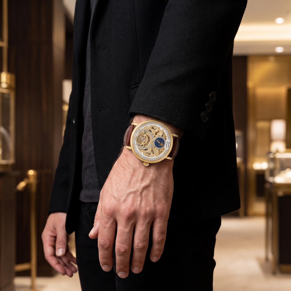 Thomas Tompion Skeleton Watch, Gold Tone Mens Gift, Brown Leather Strap