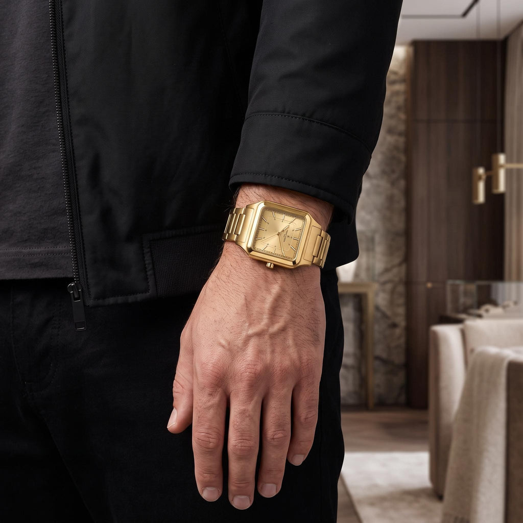 Pierre Cardin Gold Tone Square Watch, Stainless Steel Link Bracelet, Mens Gift