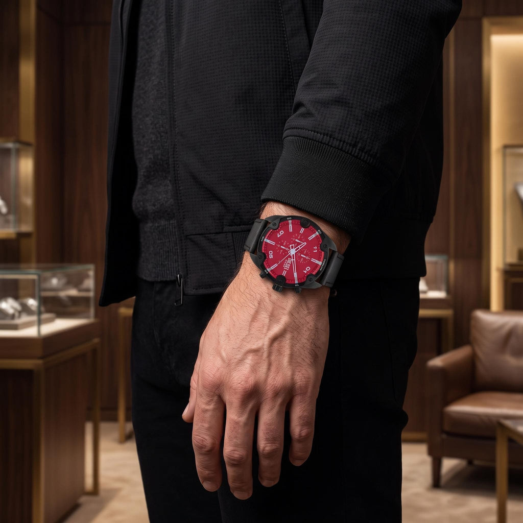Diesel Black Leather Chronograph Watch,  Mens Gift, Red Dial