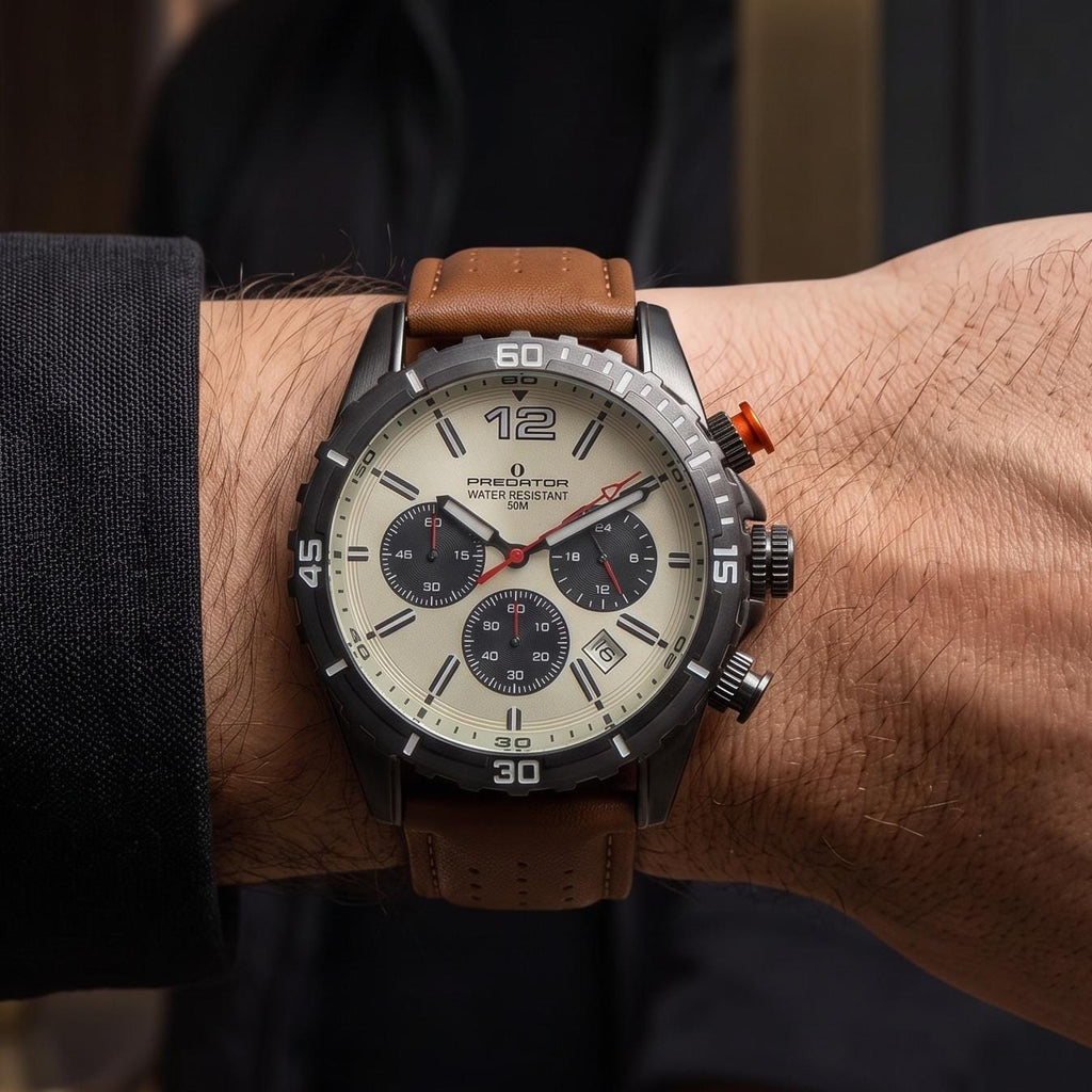 Predator Brown Leather Chronograph Watch, Mens Sport Gift