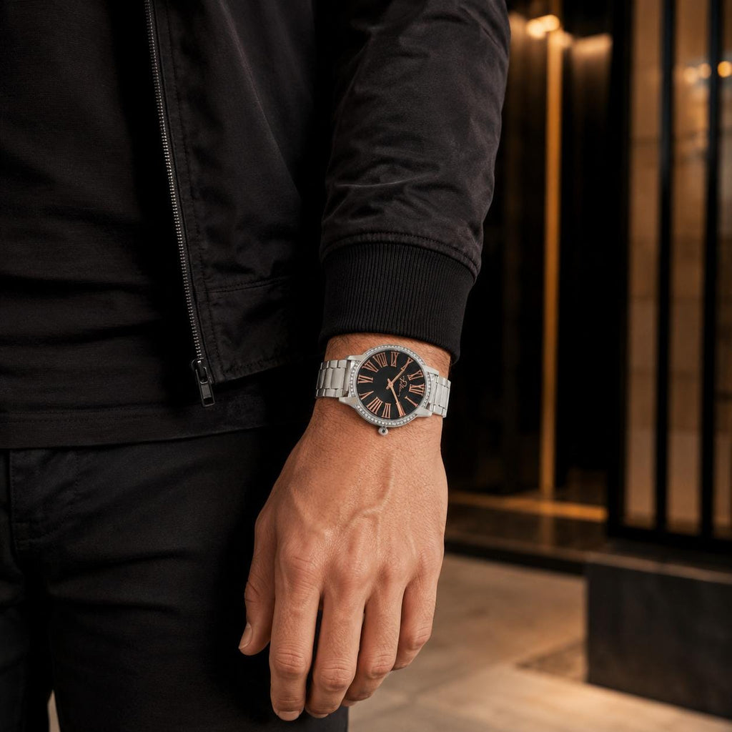 Police Silver Tone Crystal Watch, Analogue Link Bracelet, Black Dial