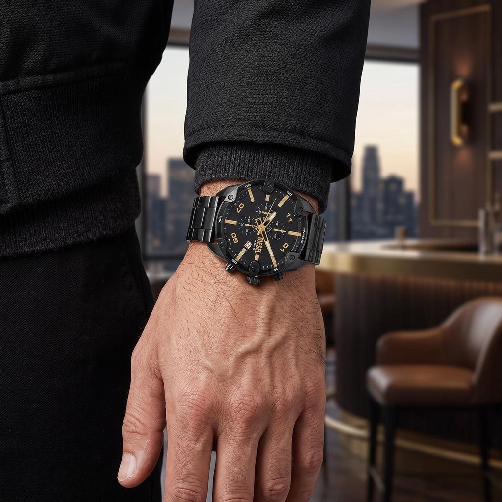 Diesel Black Gold Chronograph Watch, Mens Designer Gift, Metal Link Bracelet