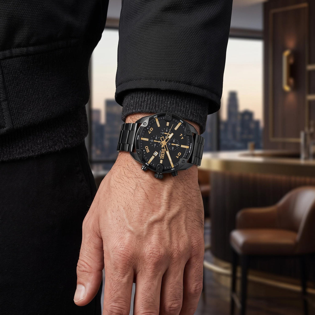 Diesel Black Gold Chronograph Watch, Mens Designer Gift, Metal Link Bracelet