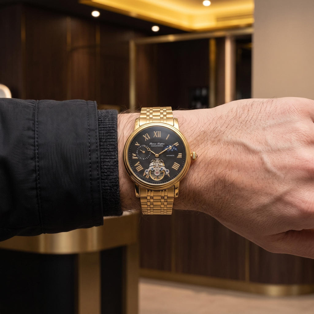 Thomas Tompion Gold Tone Automatic Watch Limited Edittion, Mens Skeleton Gift, Roman Numerals