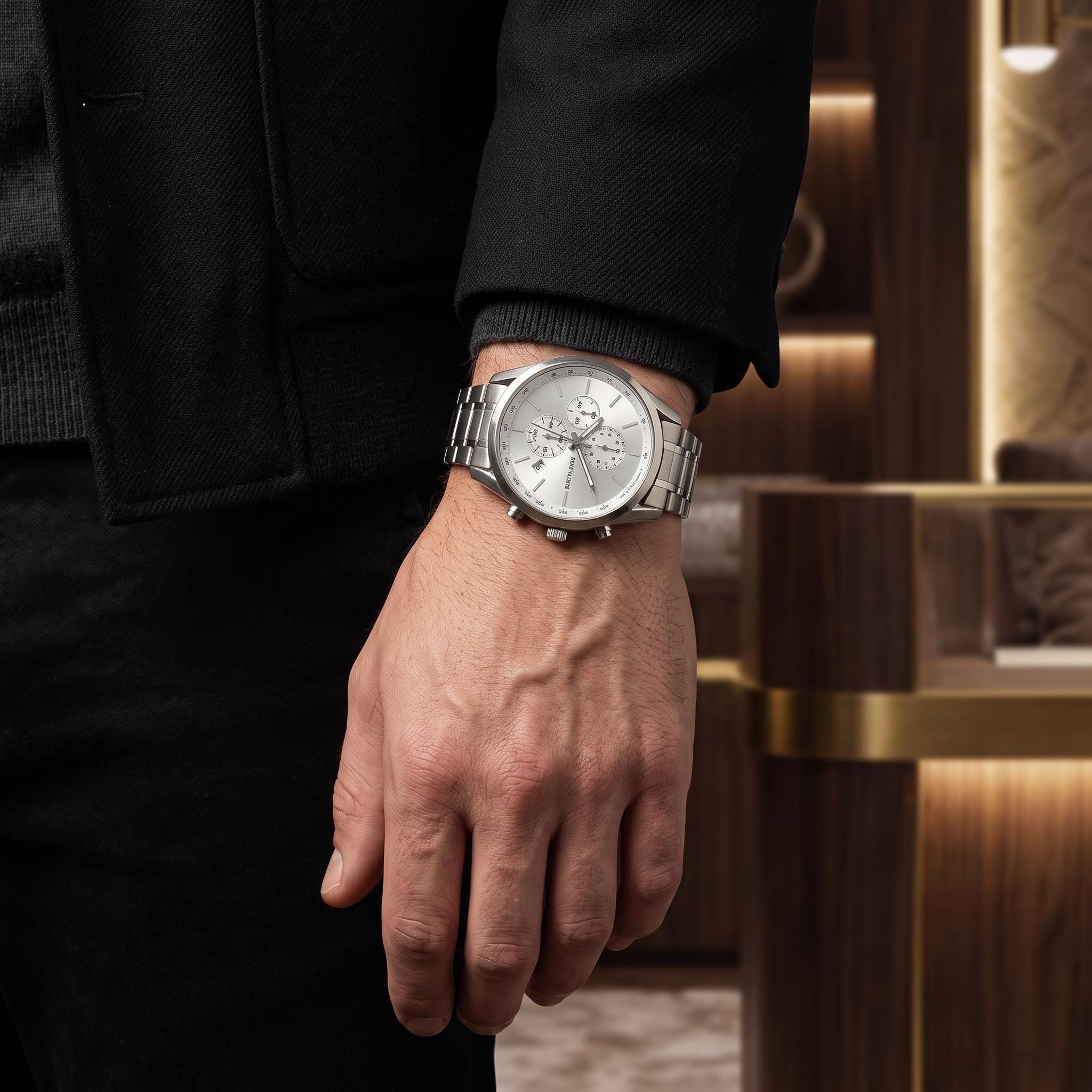 René Valenté Silver Chronograph Watch, Men's Steel Gift, White Dial Watch