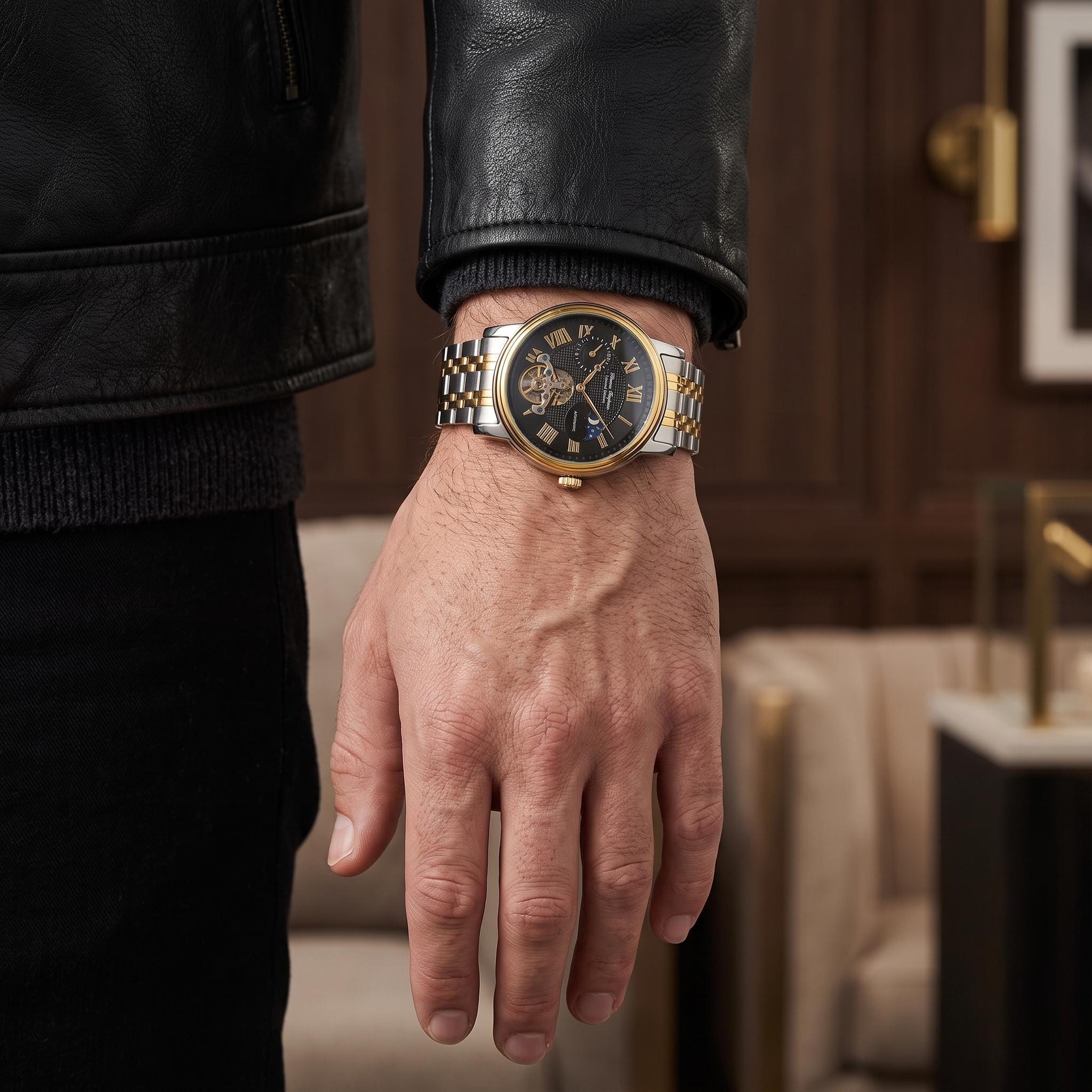Thomas Tompion Two Tone Watch, Mens Skeleton Moonphase Gift, Stainless Steel