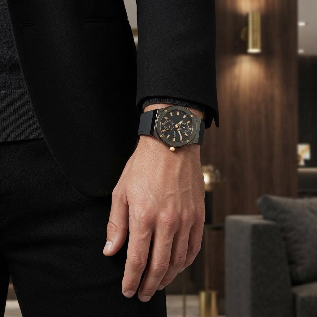 Guess Black & Gold Chronograph Watch, Mens Silicone Strap Gift Minimalist