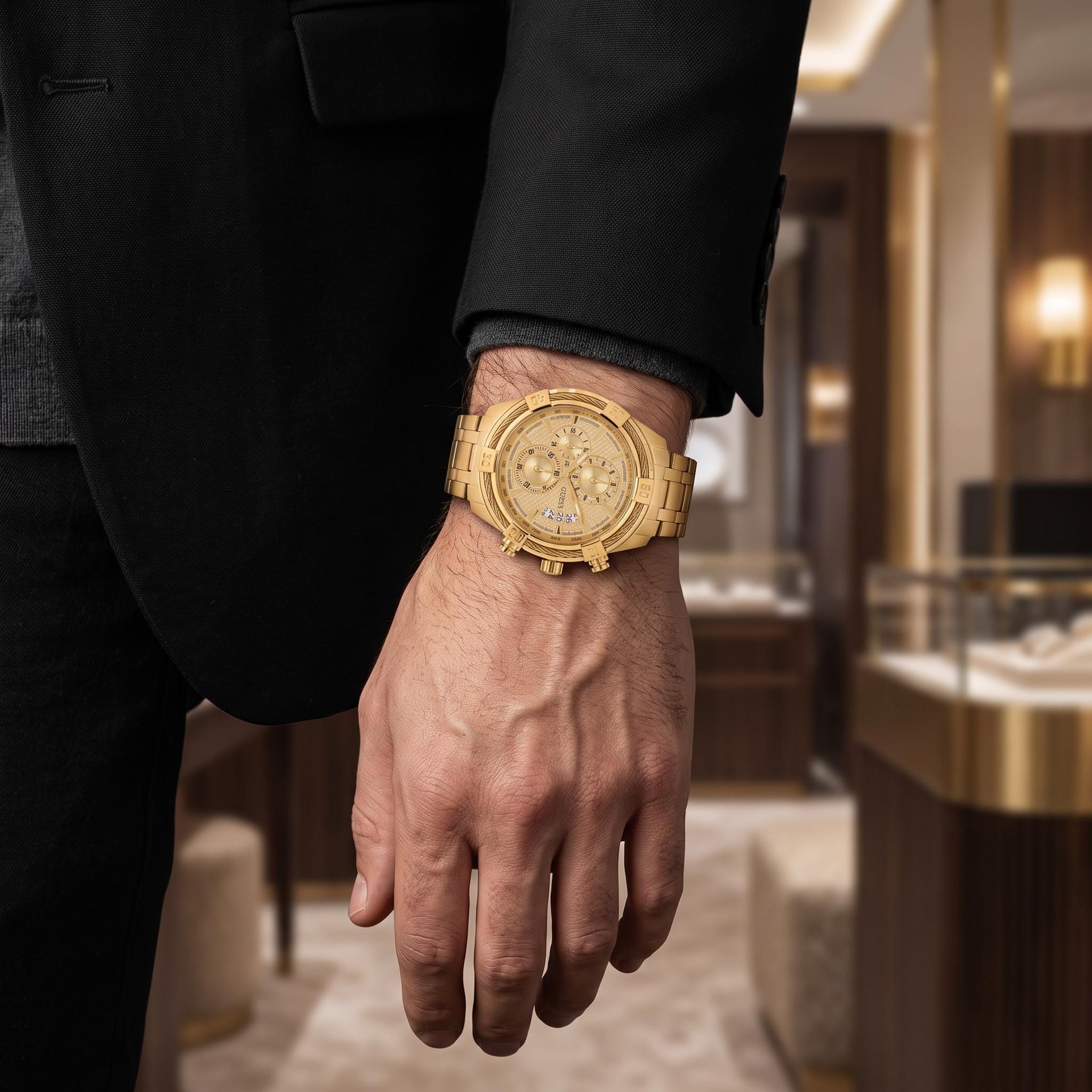 Guess Gold Chronograph Watch, Mens Statement Gift, Stainless Steel Link Bracelet