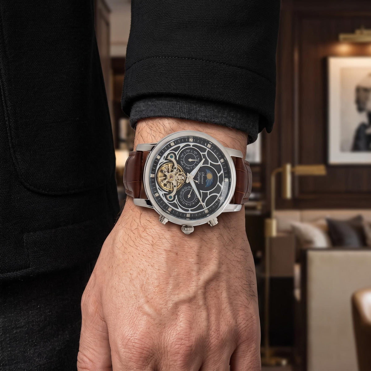Thomas Tompion Brown Leather Skeleton Watch, Automatic Mens Gift
