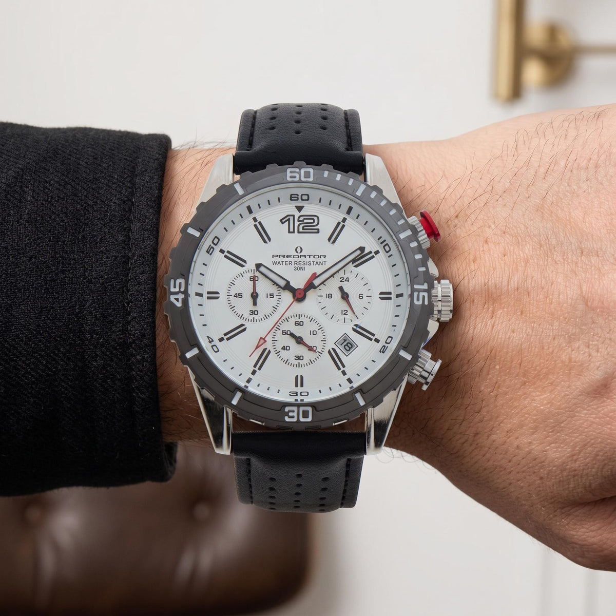 Predator Sports Chronograph Watch, Black Silver Mens Gift, Leather Strap