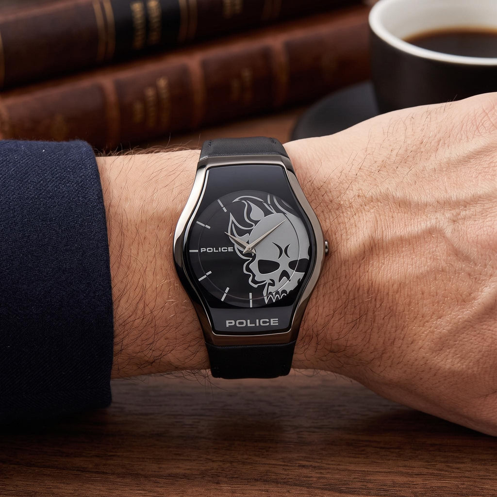Police Black Leather Watch, Mens Designer Gift, Skull Dial